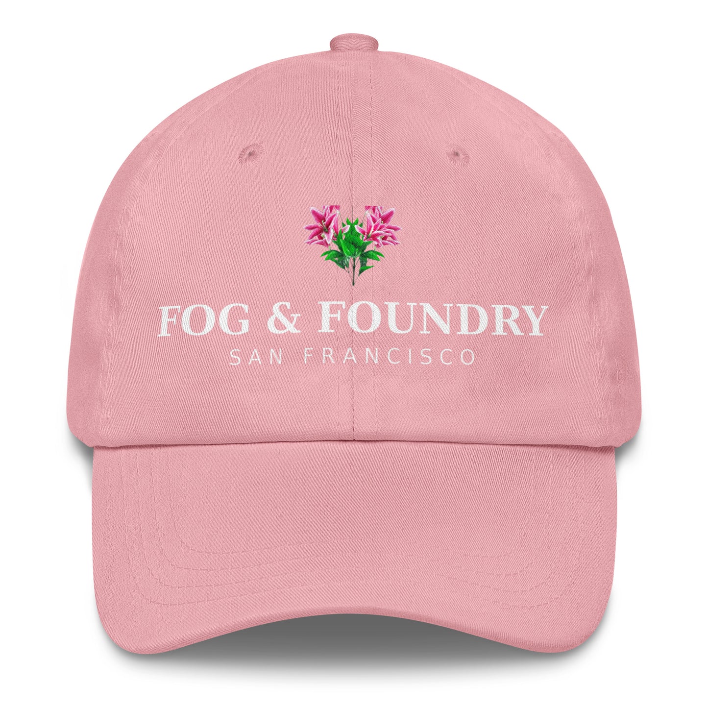 Pink San Francisco Flower Hat by Fog & Foundry, classic dad hat style with floral design on front.