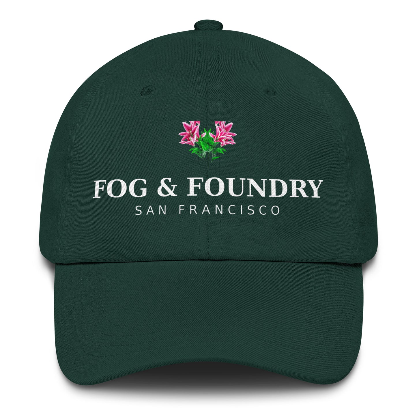 Fog & Foundry San Francisco Flower Hat, classic dad hat in spruce color with front floral embroidery.