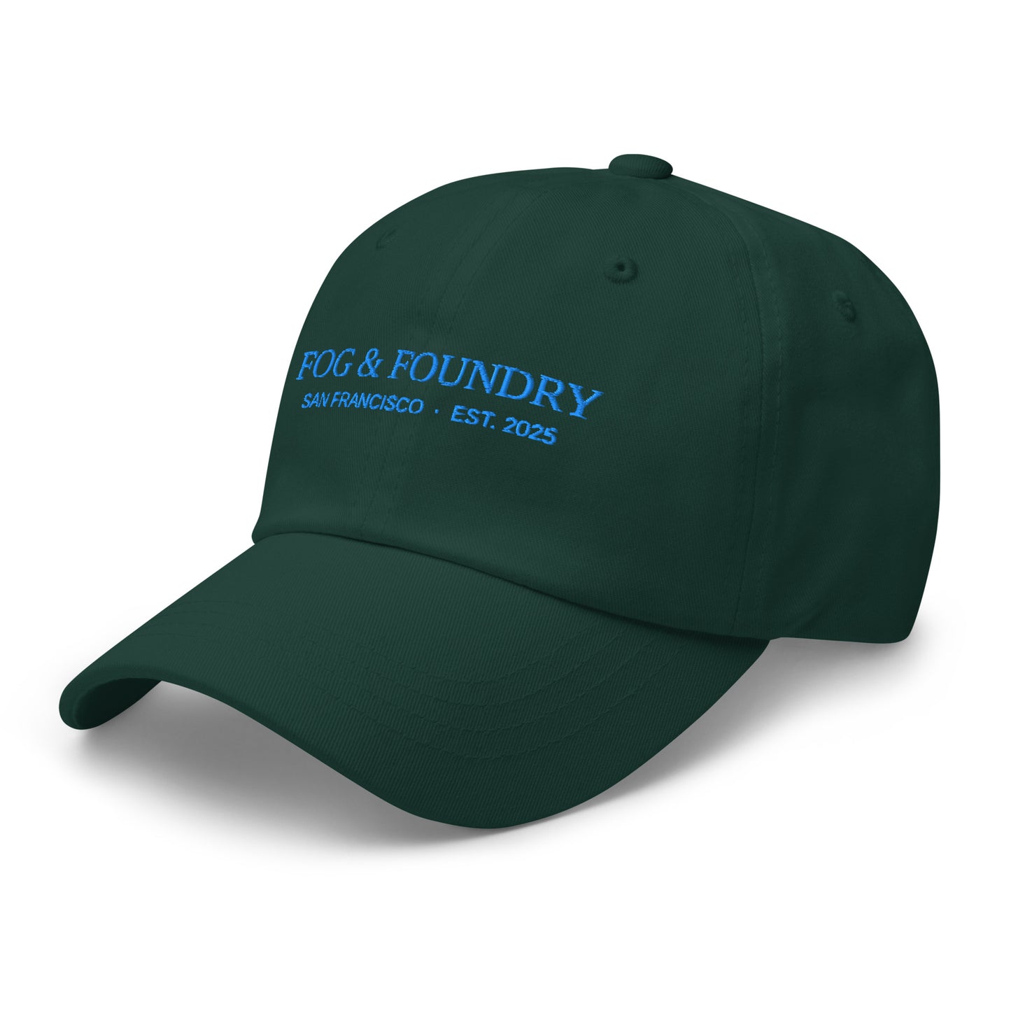 Embroidered dad hat by Fog & Foundry featuring a classic design in spruce green, front view with embroidered logo.