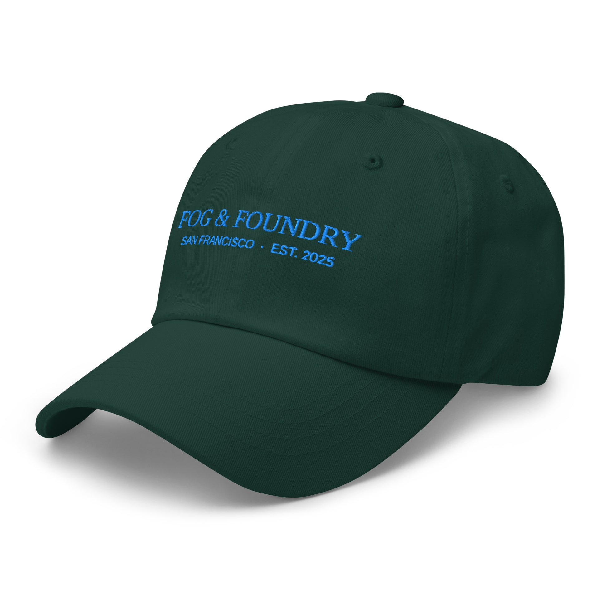 Embroidered dad hat by Fog & Foundry featuring a classic design in spruce green, front view with embroidered logo.