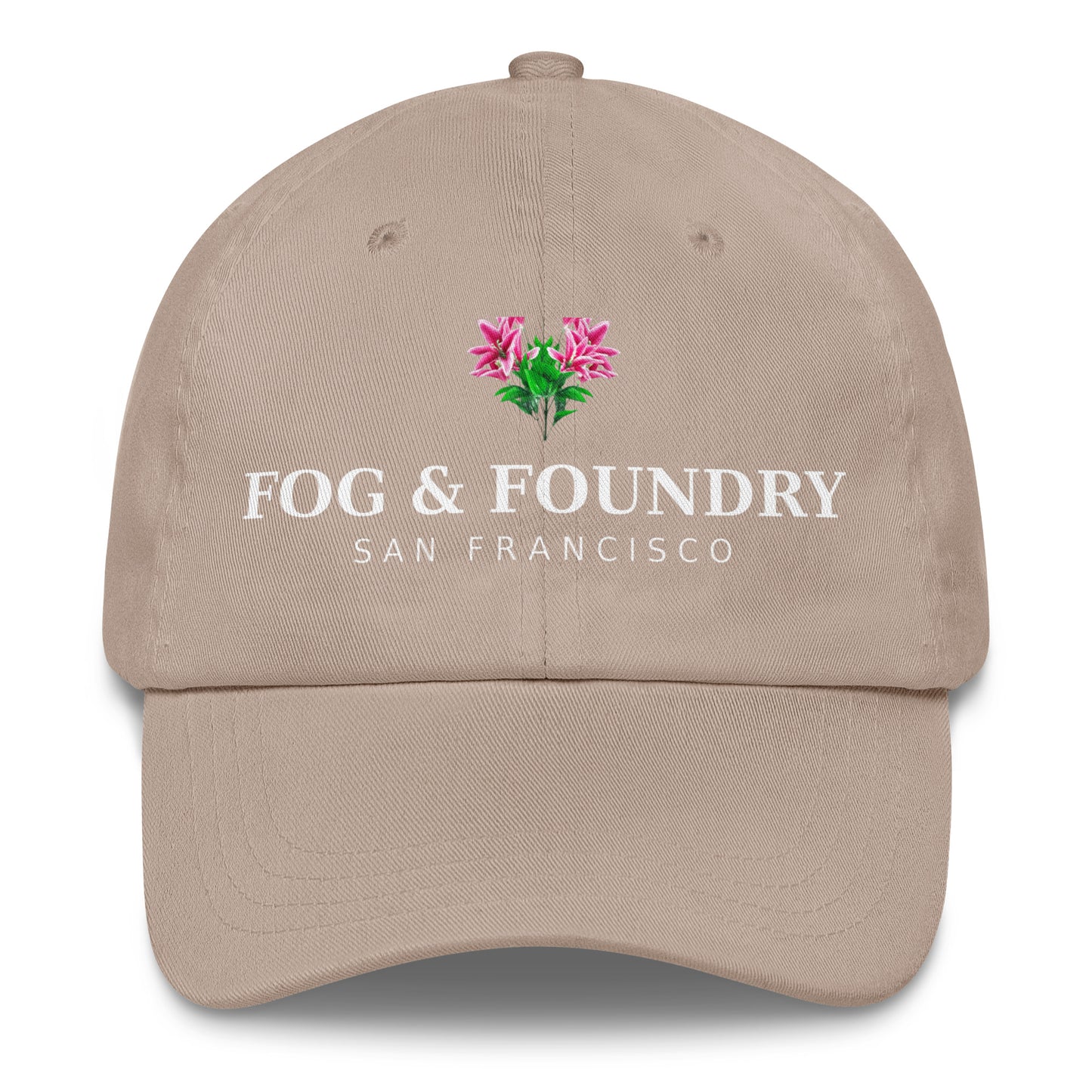 Fog & Foundry San Francisco Flower Hat, a classic stone-colored dad hat with embroidered floral design on front.