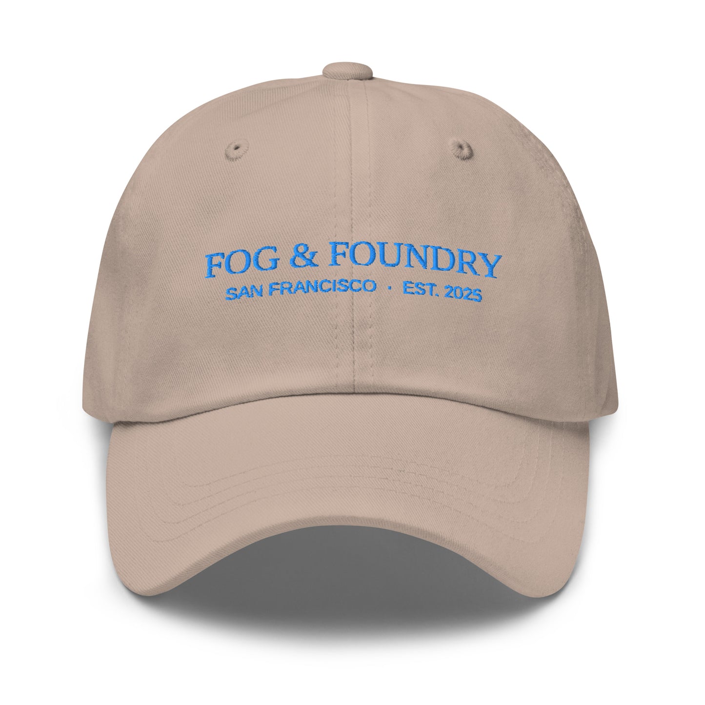 Fog & Foundry embroidered dad hat in stone color with classic sportswear style and front embroidery, casual and comfortable accessory.