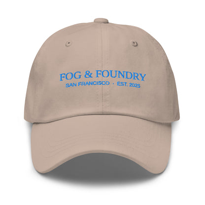 Fog & Foundry embroidered dad hat in stone color with classic sportswear style and front embroidery, casual and comfortable accessory.