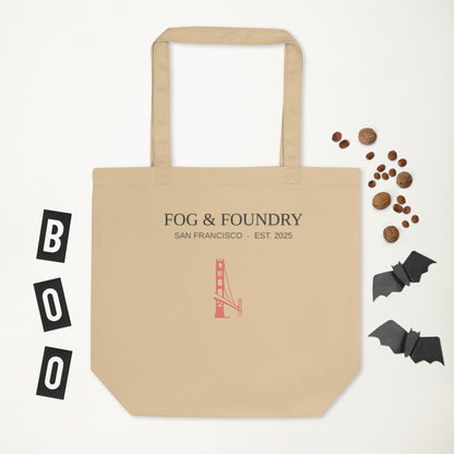 Fog & Foundry San Francisco Farmers Market tote bag with oyster print, eco-friendly fabric, and sturdy handles for shopping and everyday use.