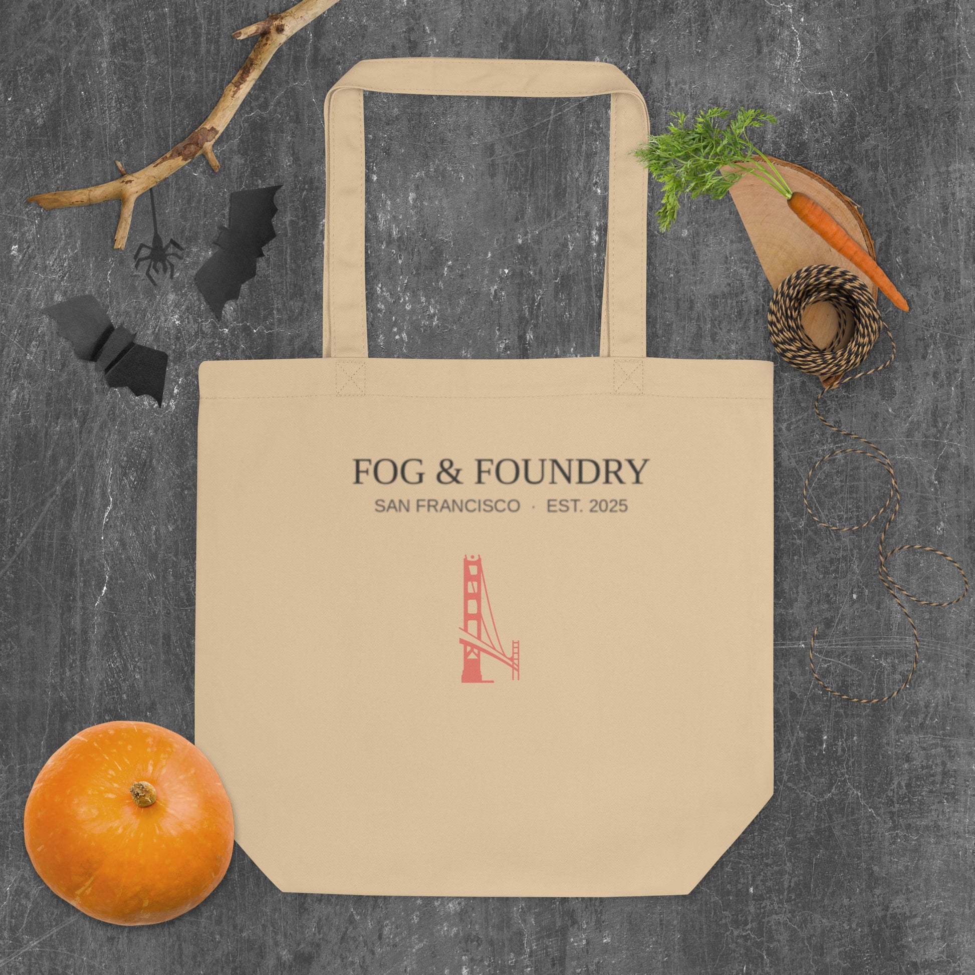 Eco-friendly tote bag from Fog & Foundry featuring a detailed oyster design for San Francisco Farmers Market shopping.