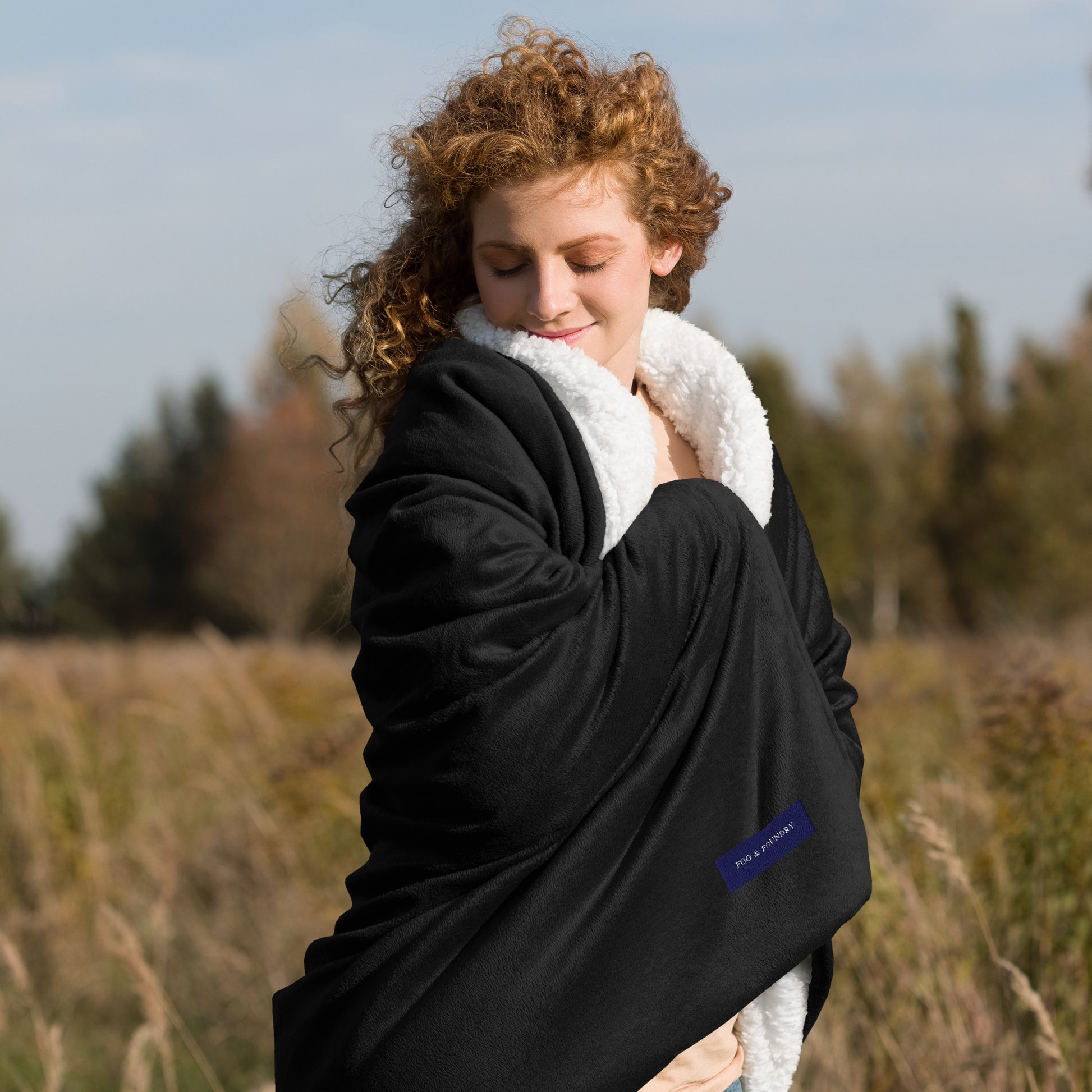 Premium foggy sherpa blanket black front view 3 — Fog & Foundry