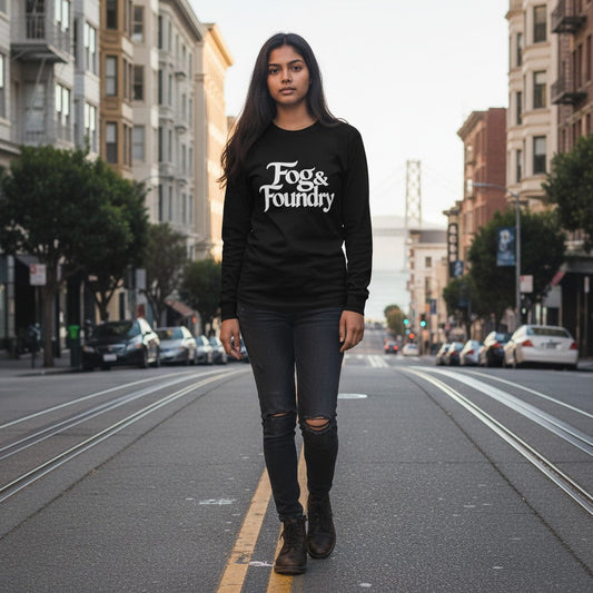 Woman wearing a black Fog & Foundry long-sleeve cotton shirt with white logo, standing on a San Francisco street.