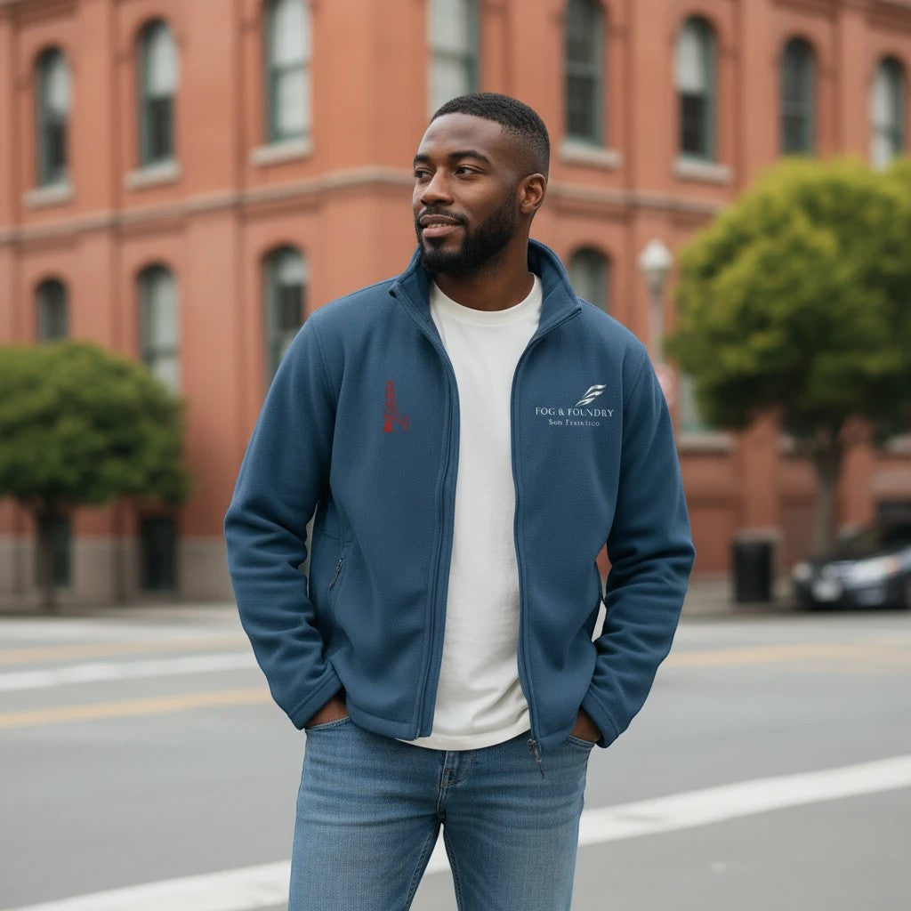 A man wearing a blue Fog & Foundry full-zip fleece jacket with a stand-up collar and zippered pockets outdoors.
