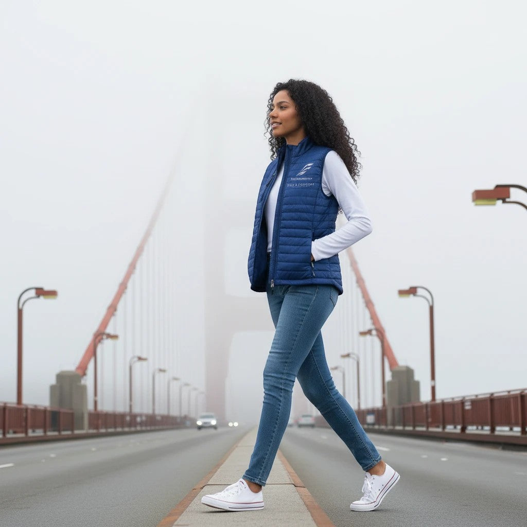 A woman wearing a blue Fog & Foundry quilted polyfill Marina Vest walking on a foggy bridge.