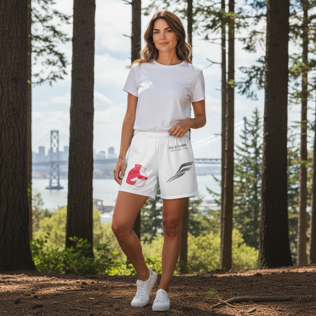 Woman wearing Fog & Foundry Bougainvillea Trail Shorts with white t-shirt and sneakers in a forest setting.