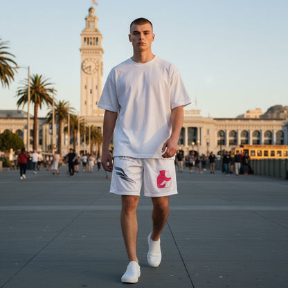 A man wearing Fog & Foundry white Bougainvillea trail shorts with a graphic print, walking in a city plaza.