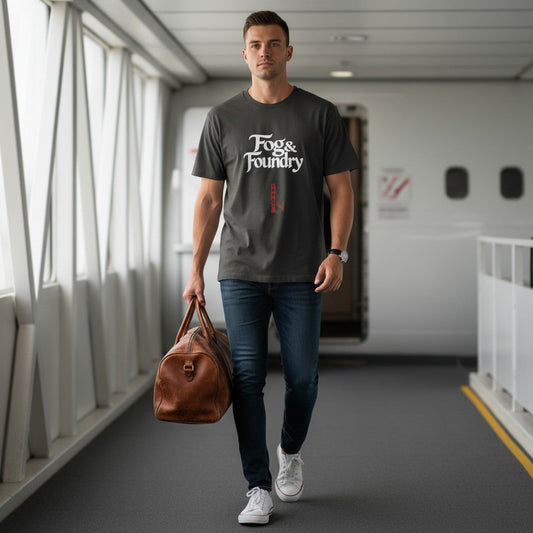 Man wearing a charcoal Fog & Foundry organic cotton graphic t-shirt with a vintage wash, walking with a leather bag.