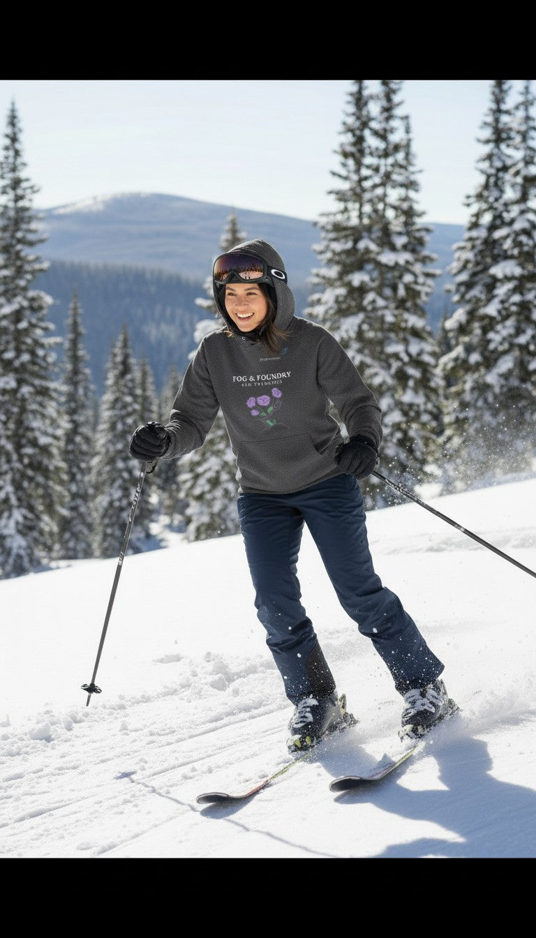 Woman skiing in a charcoal grey Fog & Foundry organic cotton hoodie with floral graphic on a sunny snowy mountain