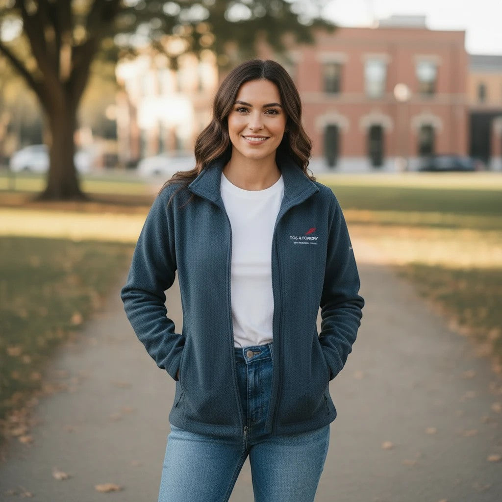Woman wearing a Fog & Foundry dark blue Columbia fleece jacket with a full-zip front, standing outdoors in a park.