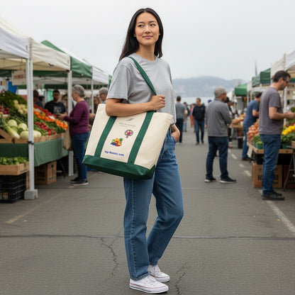 Fog & Foundry cotton twill market tote with green contrast base and handles, carried by a woman at a farmers market.
