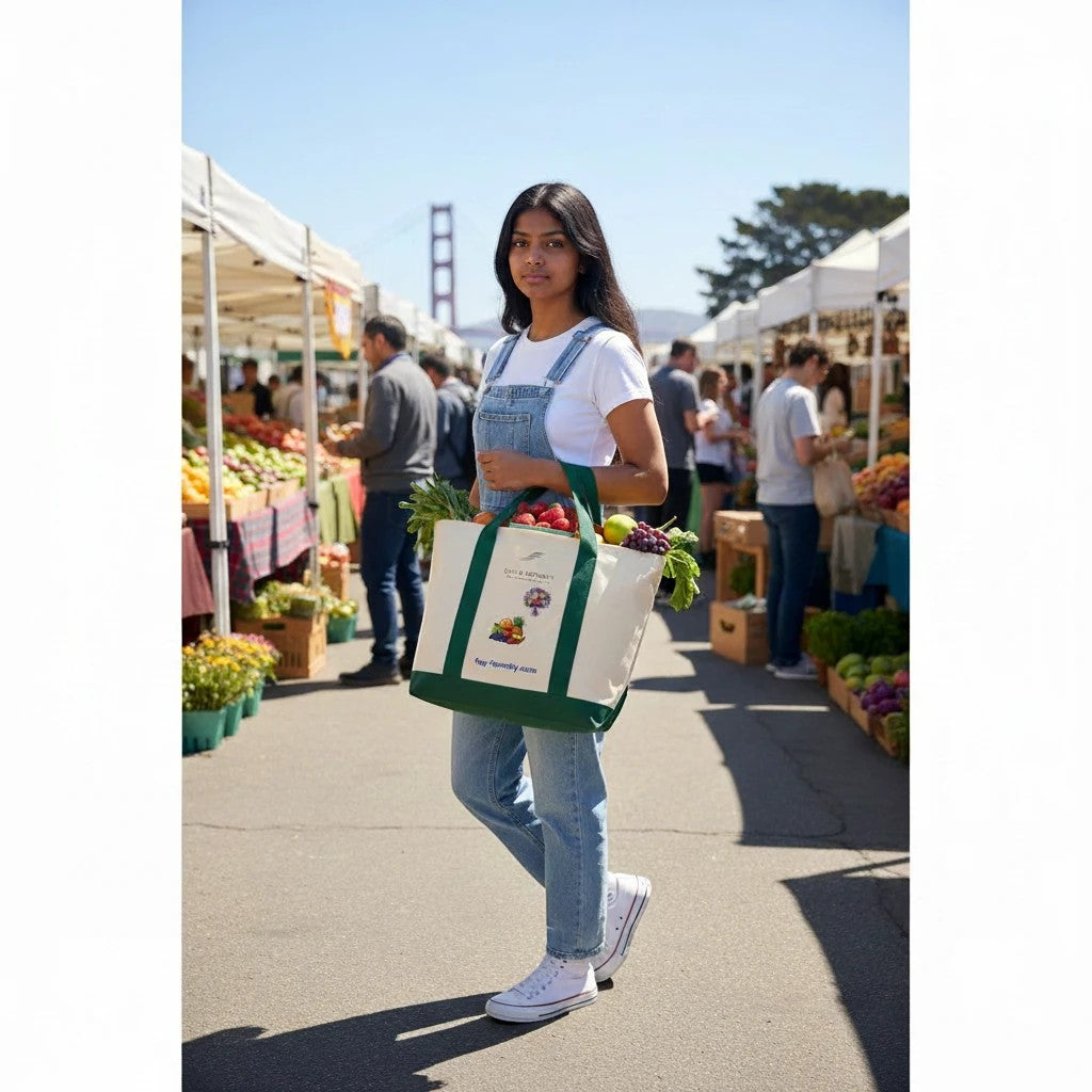 Woman carrying a Fog & Foundry heavyweight cotton twill tote bag with a green canvas bottom at a sunny outdoor market.