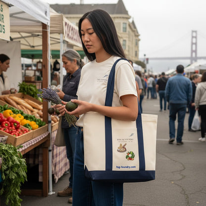 Fog & Foundry cotton twill tote bag with contrast navy canvas bottom, held by a woman at a farmers market.