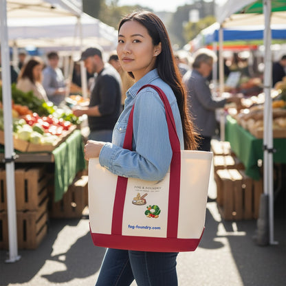 Woman carrying a Fog & Foundry heavyweight cotton twill tote bag with red canvas bottom at a farmers market