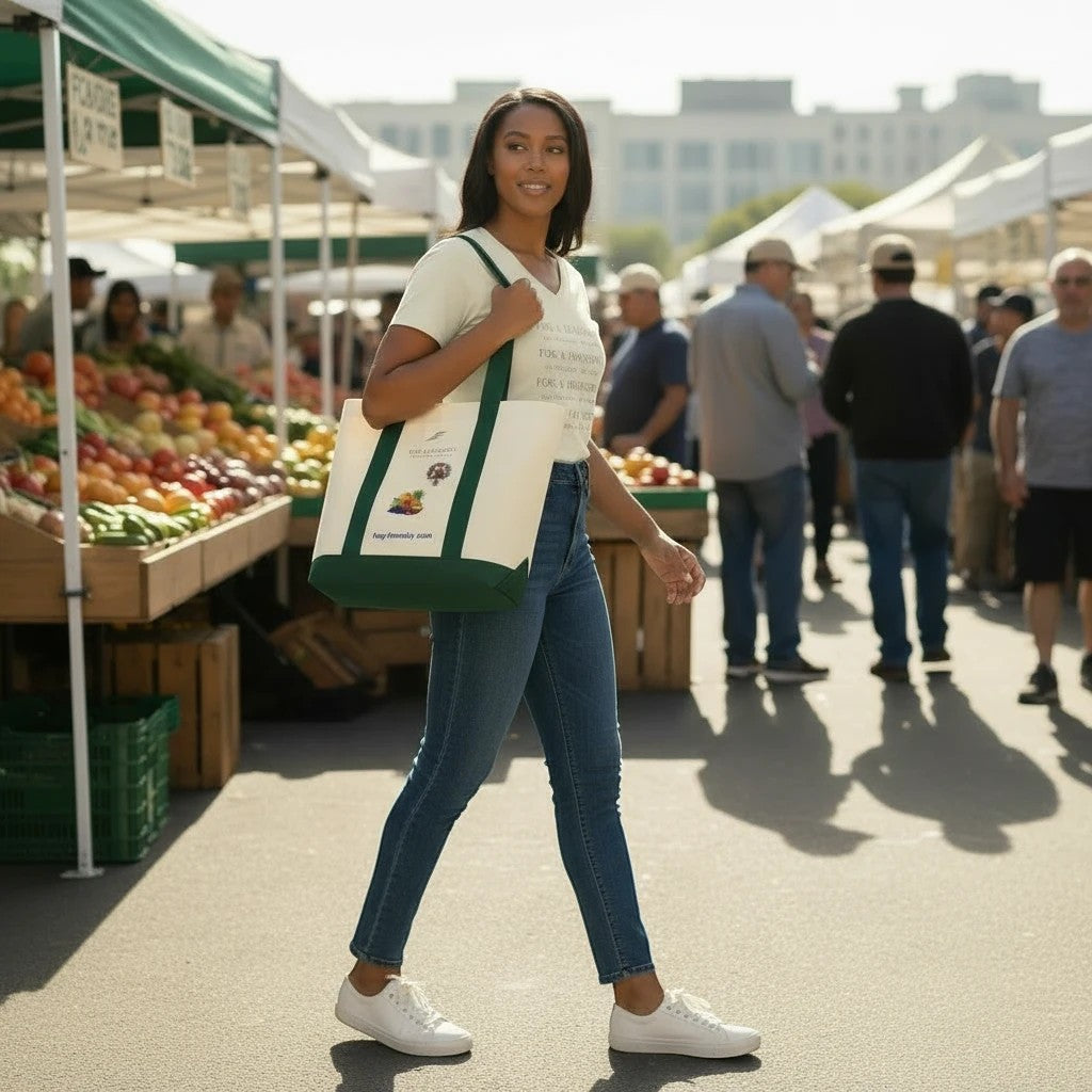 Fog & Foundry cotton twill tote bag with contrast green canvas base carried by a woman at a sunny outdoor market.