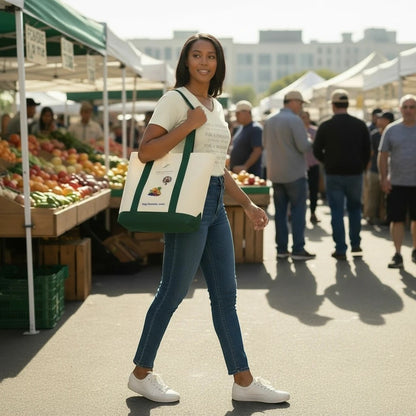 Fog & Foundry cotton twill tote bag with contrast green canvas base carried by a woman at a sunny outdoor market.