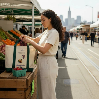 Fog & Foundry cotton twill market tote with contrast bottom being used by a woman at an outdoor farmers market