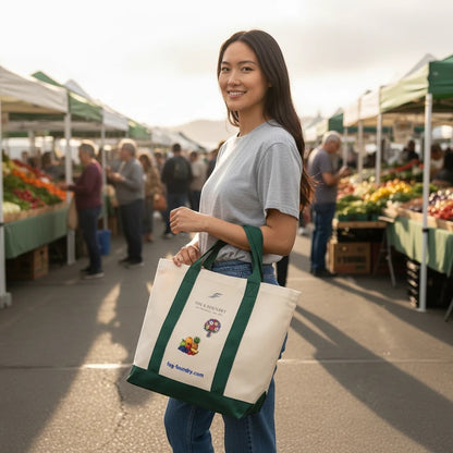 Fog & Foundry heavyweight cotton twill tote bag with green canvas bottom, held by a woman at a farmers market.