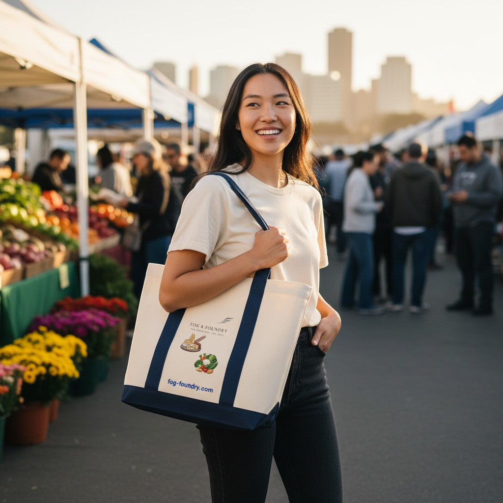 Woman carrying a Fog & Foundry heavyweight cotton twill tote bag with a contrast canvas bottom at a farmers market.