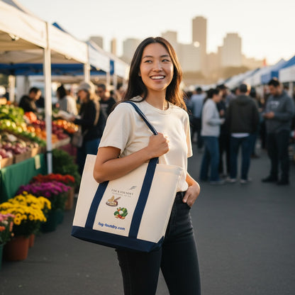 Woman carrying a Fog & Foundry heavyweight cotton twill tote bag with a contrast canvas bottom at a farmers market.