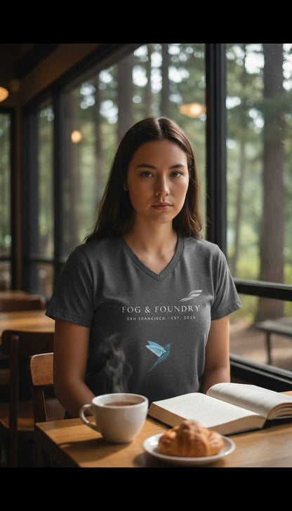 Woman wearing a gray Fog & Foundry v-neck cotton tee with a hummingbird logo while reading at a cafe table.