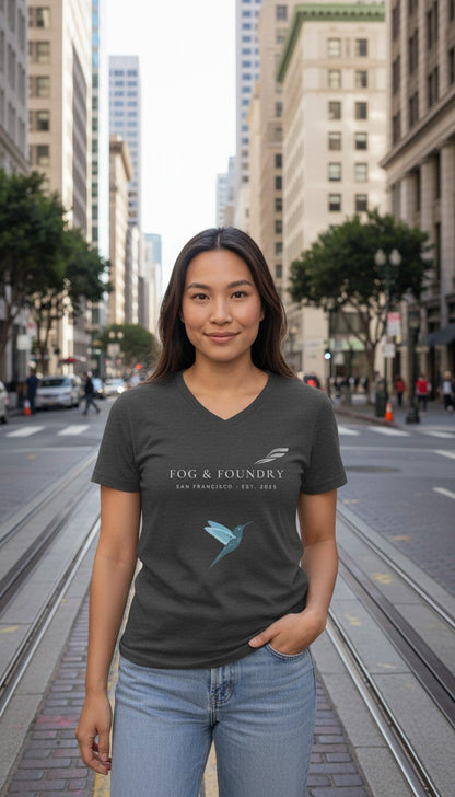 Woman wearing a Fog & Foundry gray cotton v-neck t-shirt with a hummingbird logo, standing on a San Francisco street.