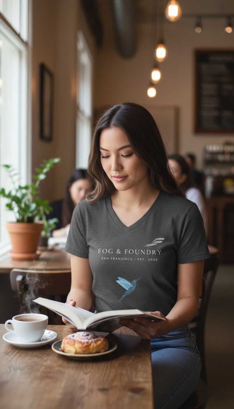 Woman reading in a cafe wearing a gray Fog & Foundry v-neck cotton tee with a hummingbird graphic.