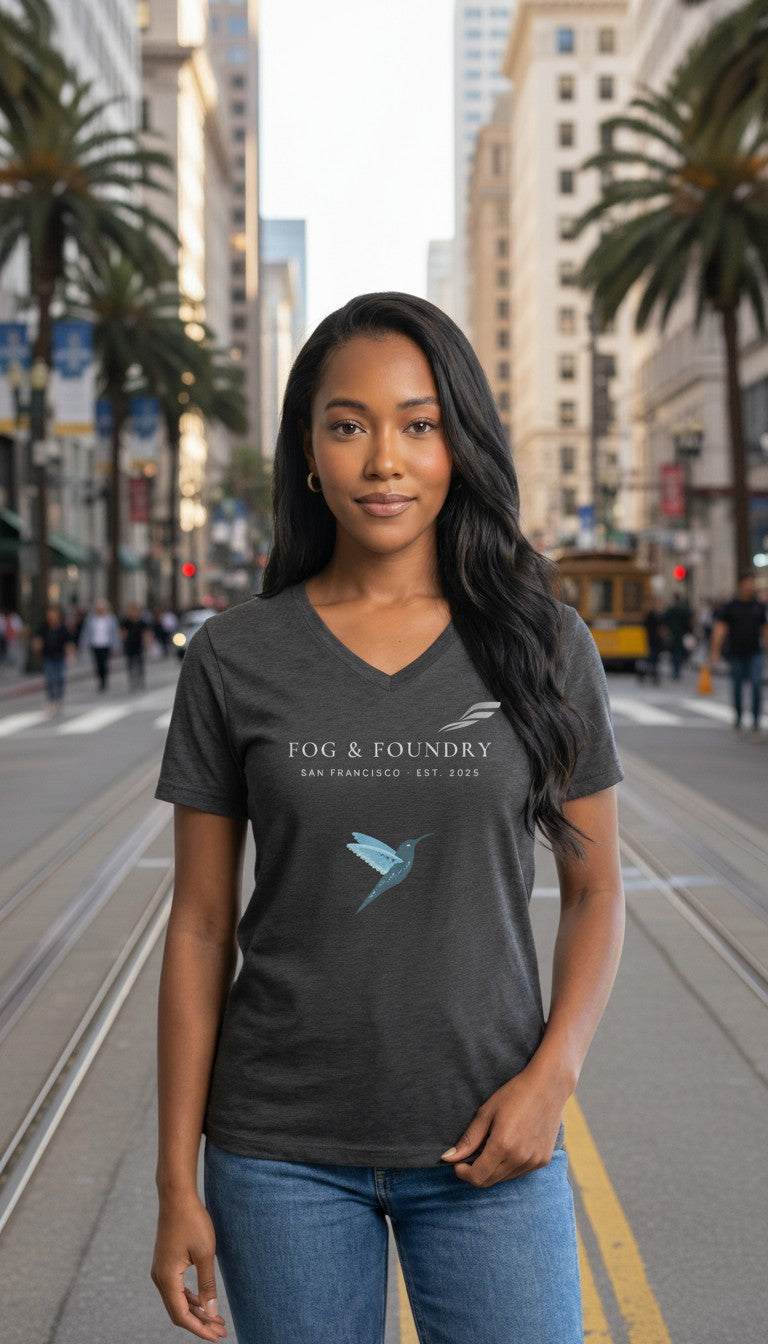 Woman wearing a Fog & Foundry gray cotton v-neck tee with a hummingbird logo on a San Francisco city street