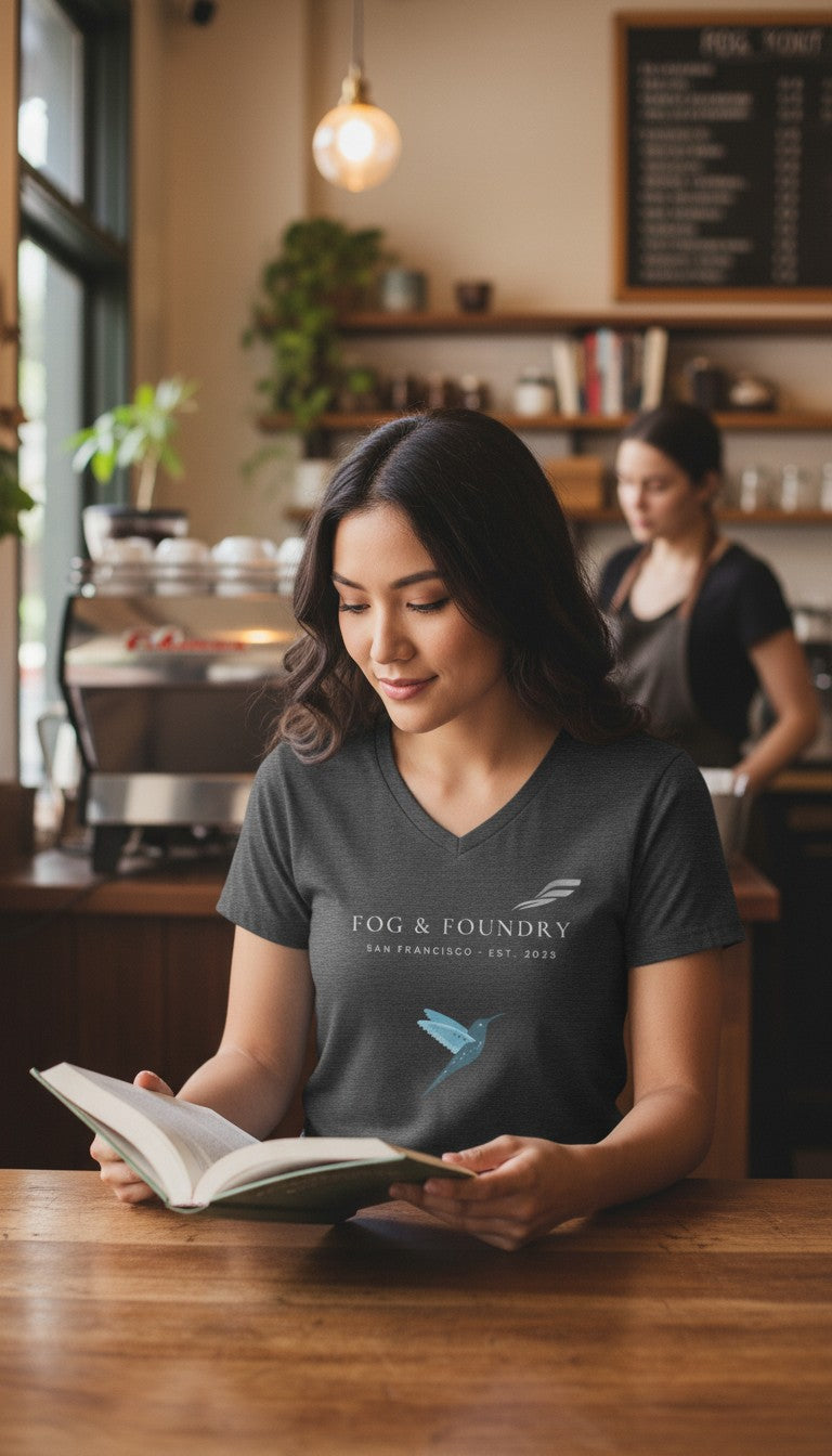 Woman wearing a gray Fog & Foundry cotton v-neck tee with a hummingbird logo while reading in a coffee shop.