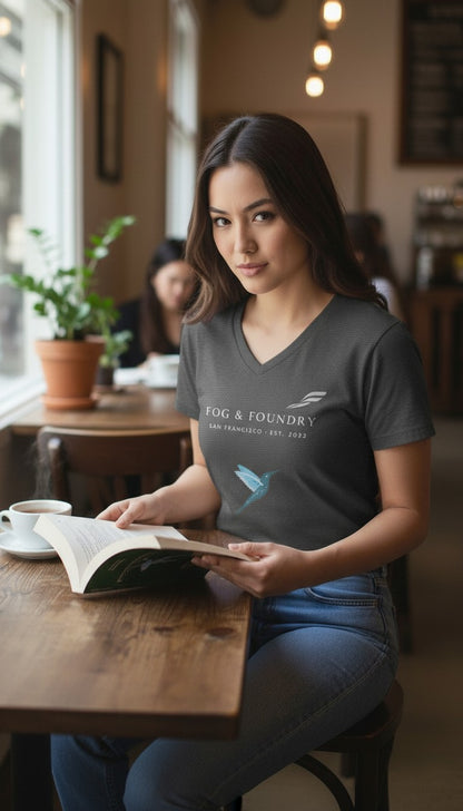 Woman wearing a Fog & Foundry gray cotton v-neck tee with a hummingbird graphic, sitting in a cafe reading a book.