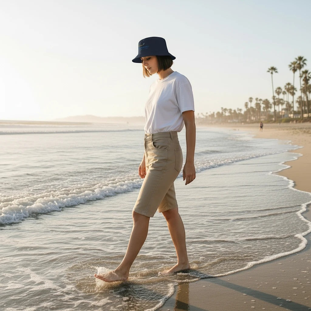 Woman wearing a Fog & Foundry dark grey cotton twill bucket hat while walking barefoot along a sunny beach.