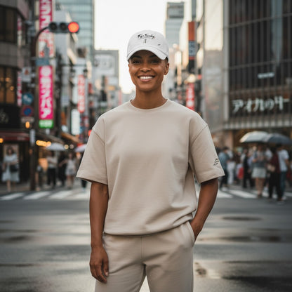 A person wearing a white Fog & Foundry Japan cap with a curved visor on a busy city street in Japan.