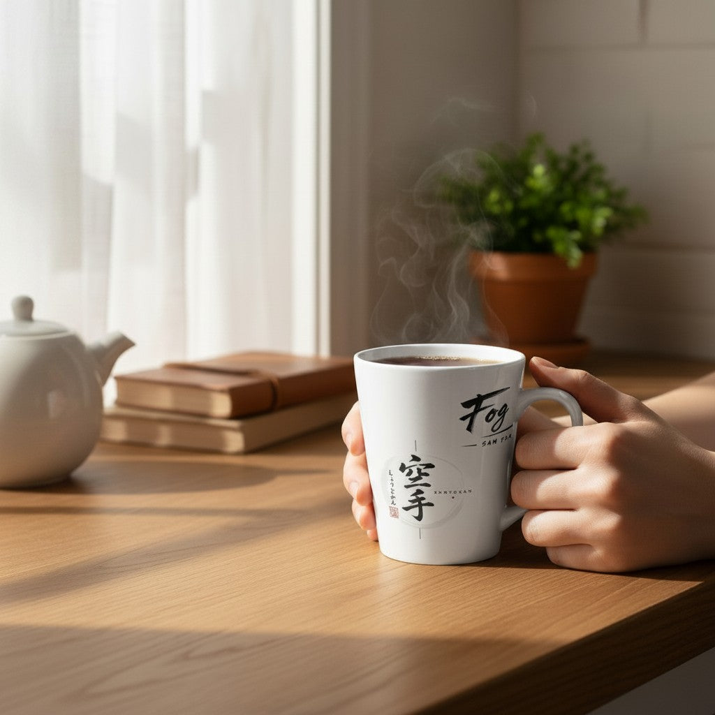 Fog & Foundry Japan mug with black calligraphy held by hands on a wooden table with steam rising from the coffee