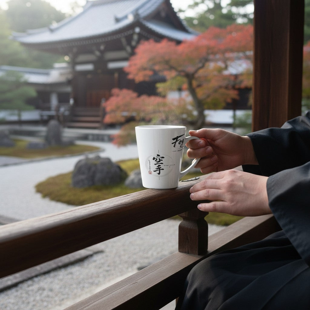 Fog & Foundry white ceramic Japan mug with black calligraphy held by a person overlooking a serene Japanese garden.
