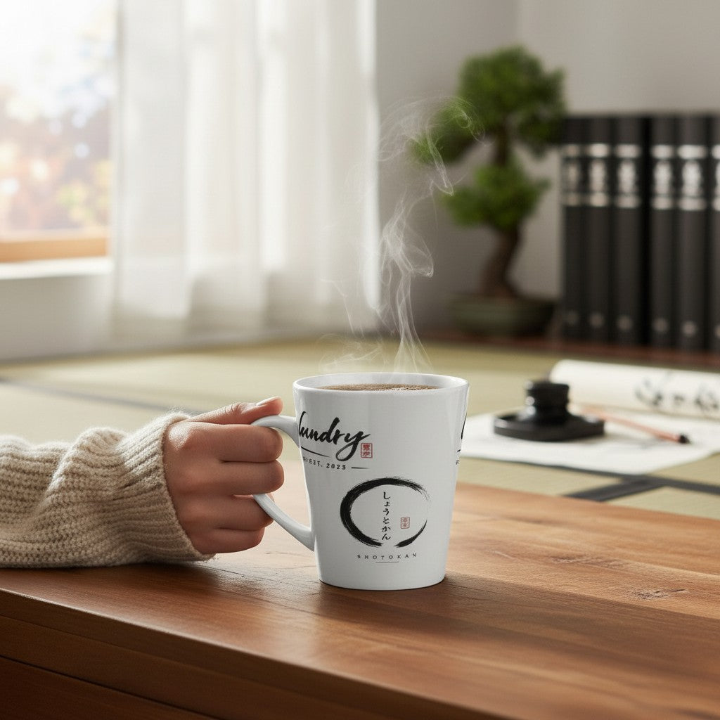 Fog & Foundry white ceramic mug with Japanese calligraphy and steaming hot coffee held in a cozy room setting