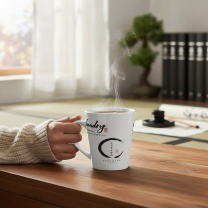 Fog & Foundry white ceramic mug with Japanese calligraphy and steaming hot coffee held in a cozy room setting