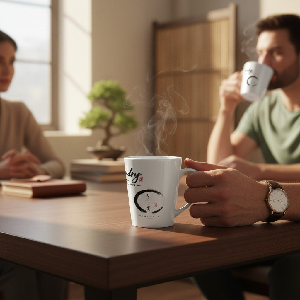 Fog & Foundry white ceramic Japan mug with black calligraphy design on a wooden table with a couple in the background