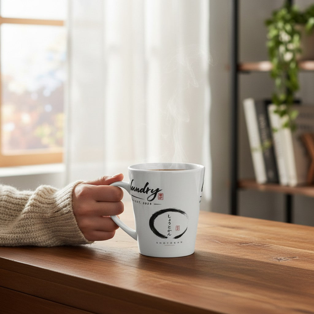 Fog & Foundry white ceramic mug with Japanese calligraphy and steaming hot coffee held by a hand on a wooden table