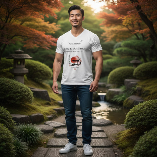 Man wearing a white Fog & Foundry V-neck t-shirt with Japanese-inspired graphic in a serene garden setting.