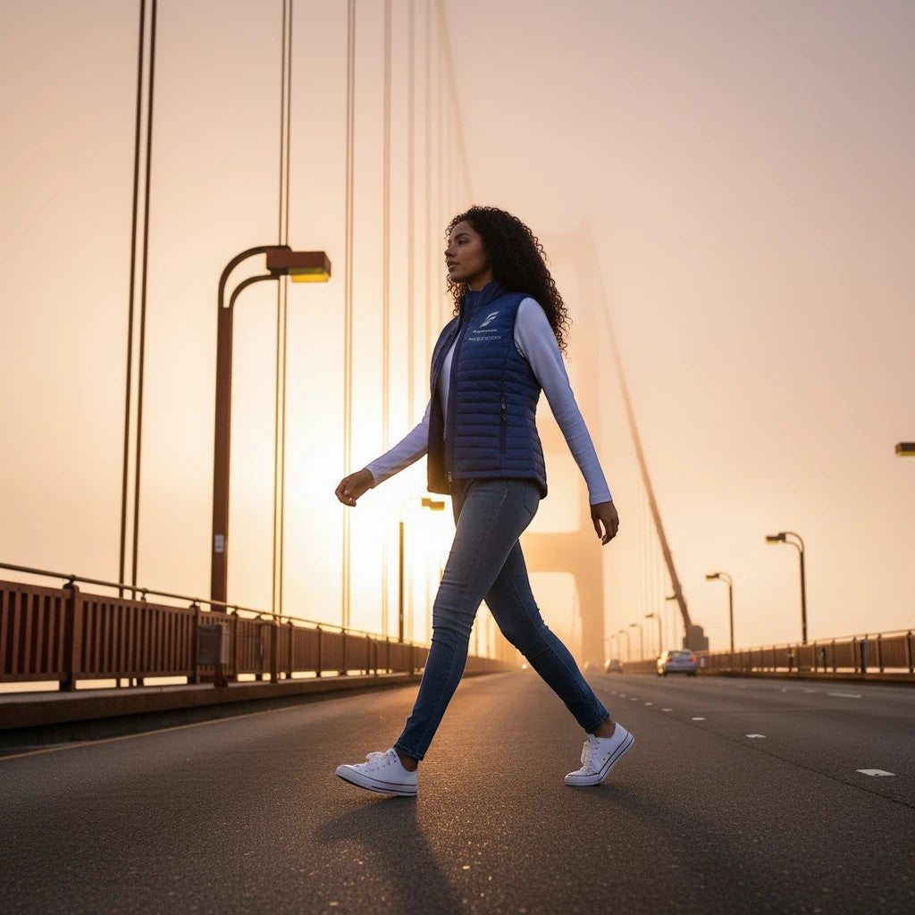 A woman wearing a Fog & Foundry blue quilted Marina Vest walking on a bridge during a foggy sunrise.