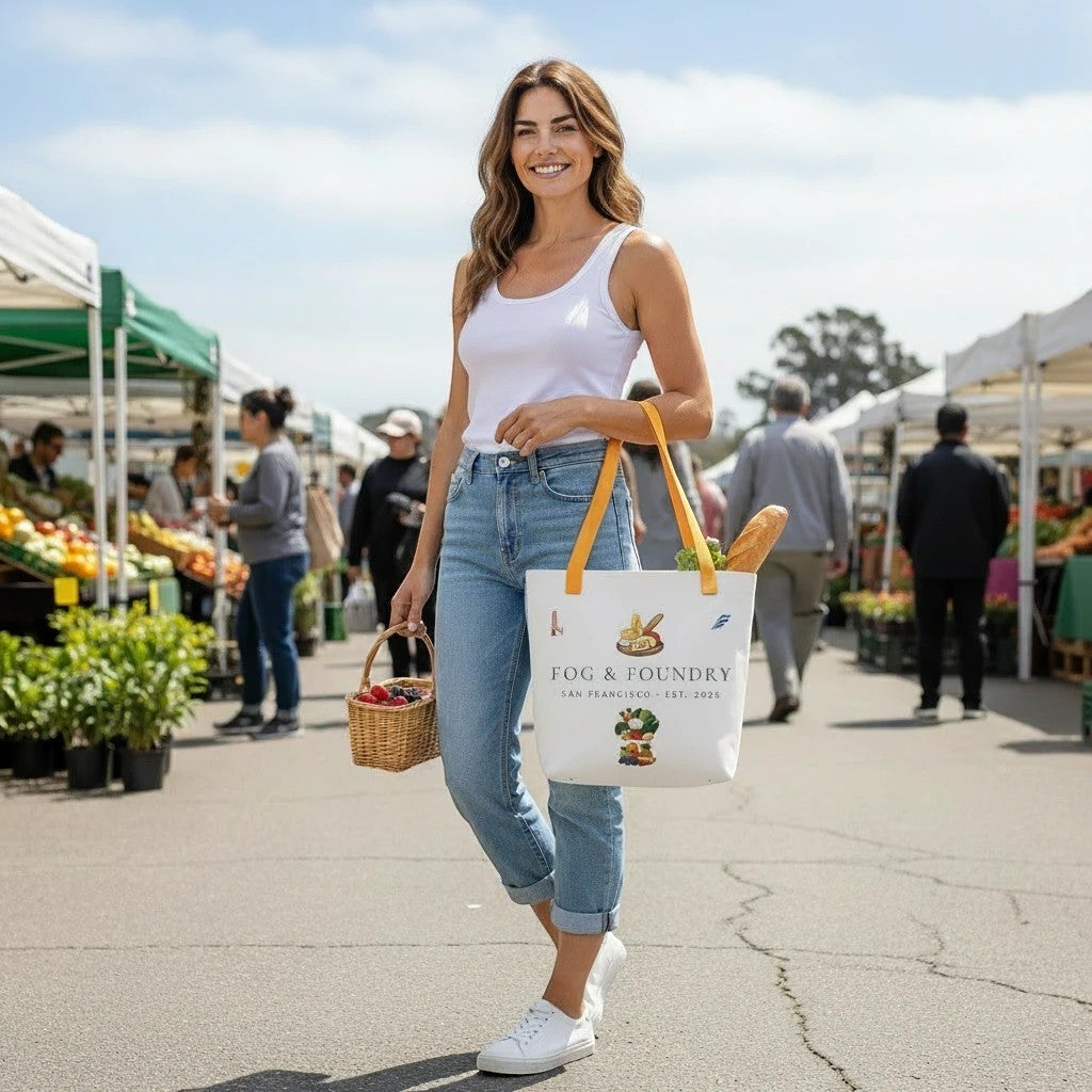 Woman carrying a Fog & Foundry market tote bag with yellow cotton handles at a sunny outdoor farmers market