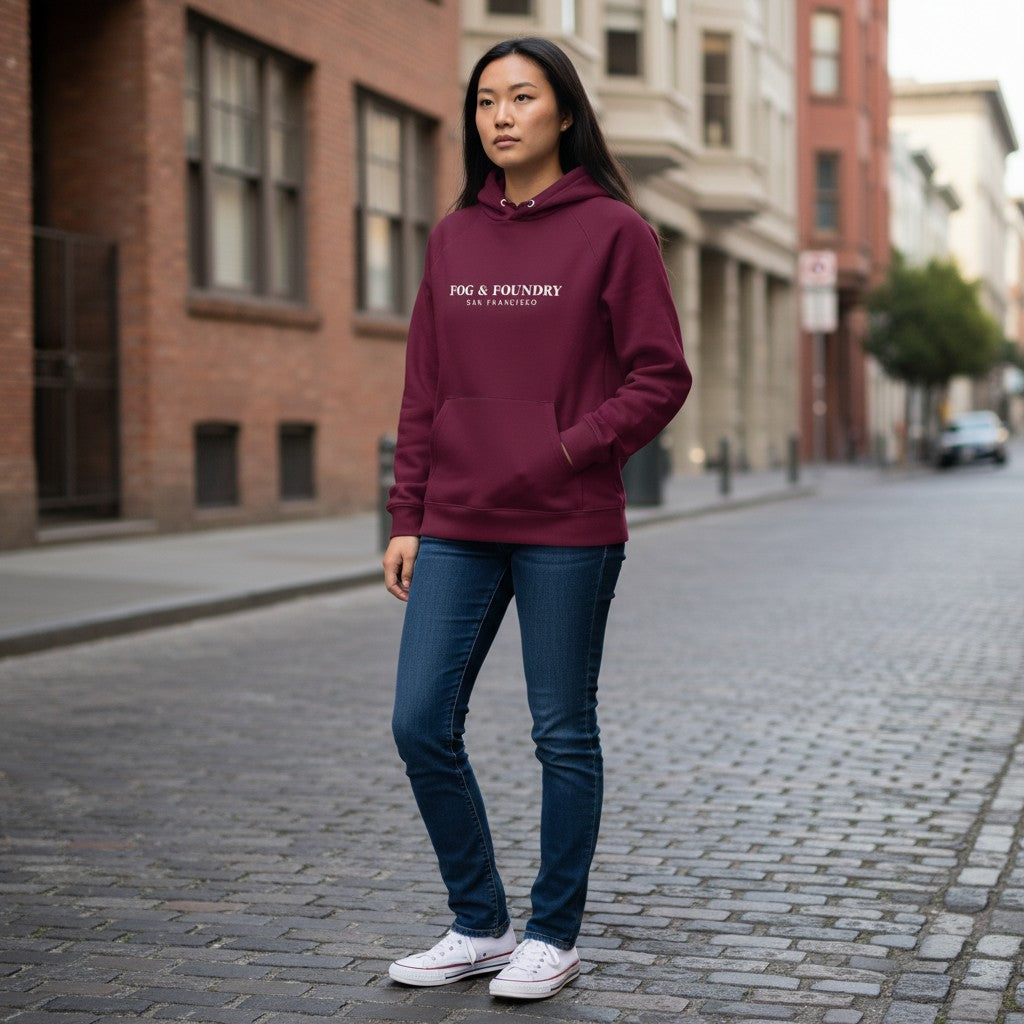 A woman wearing a maroon Fog & Foundry organic cotton raglan hoodie with jeans on a San Francisco city street.