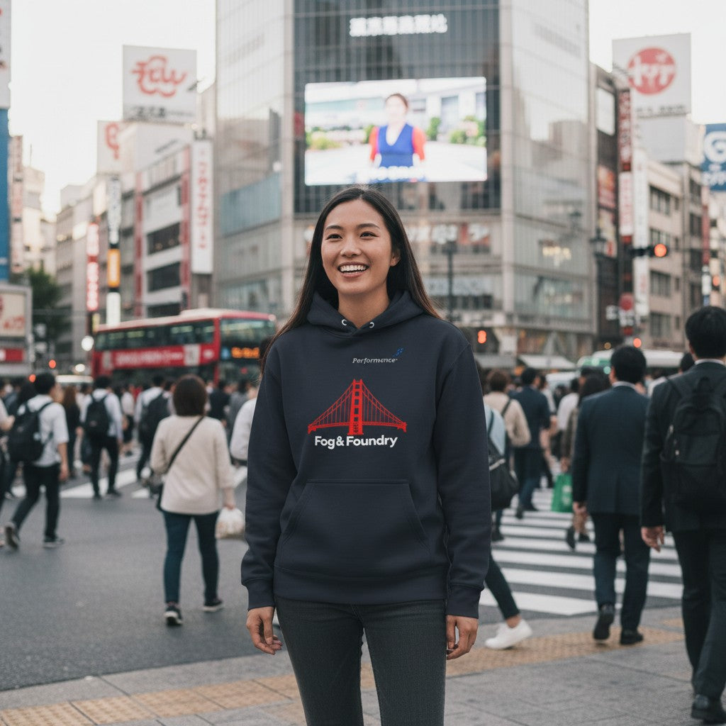 A woman wearing a Fog & Foundry navy heavyweight hoodie with a red Golden Gate Bridge graphic in a busy city street.