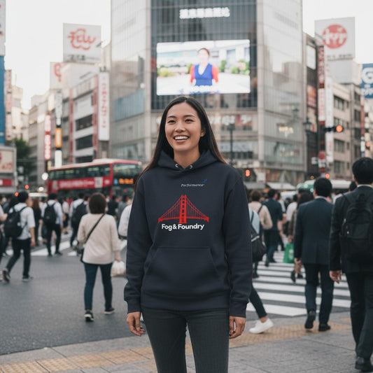 A woman wearing a Fog & Foundry navy heavyweight hoodie with a red Golden Gate Bridge graphic in a busy city street.