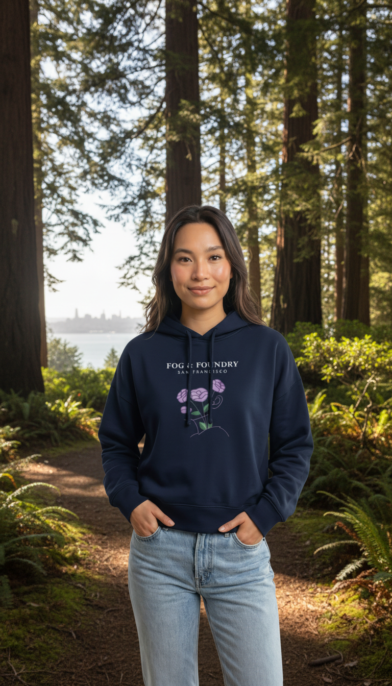 Woman wearing a navy Fog & Foundry organic cotton mid-length hoodie with a floral graphic in a redwood forest setting.