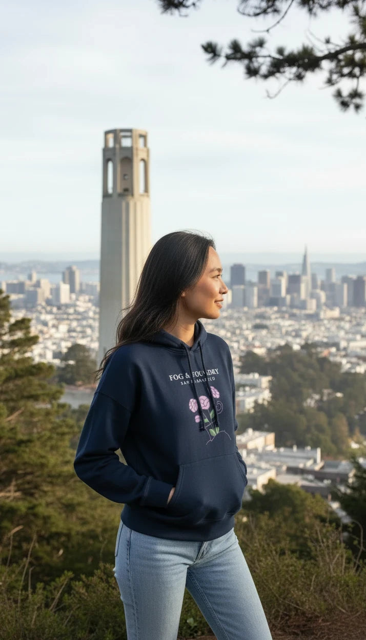 Woman wearing a navy Fog & Foundry organic cotton mid-length hoodie with floral graphic overlooking San Francisco
